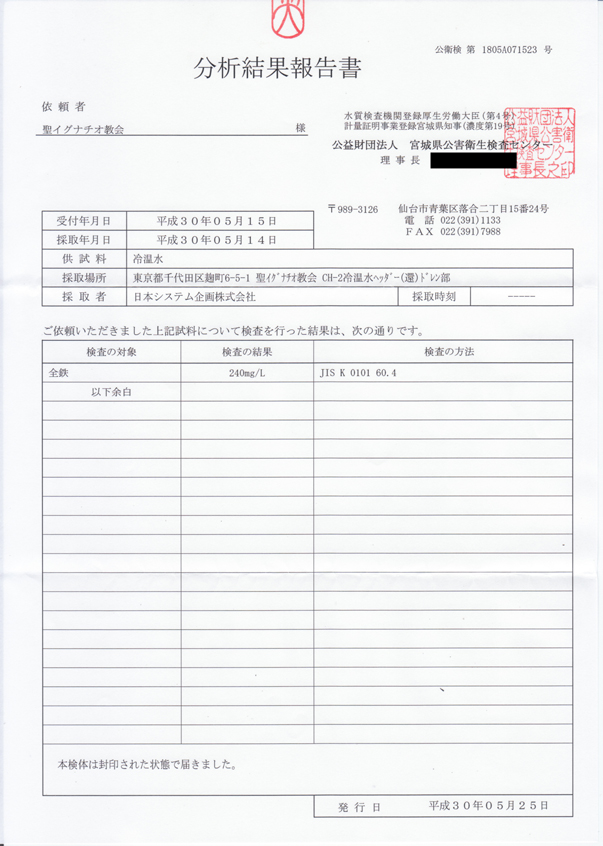 聖イグナチオ教会での外部検査機関による検証結果報告書